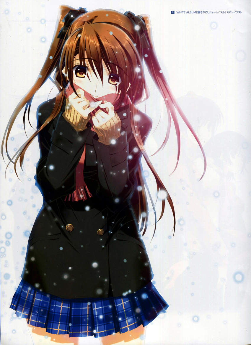 absurdres blush brown_eyes brown_hair coat hair_ribbon highres long_hair nakamura_takeshi non-web_source ogiso_setsuna ribbon scarf school_uniform smile snow solo white_album_2 winter winter_clothes winter_coat