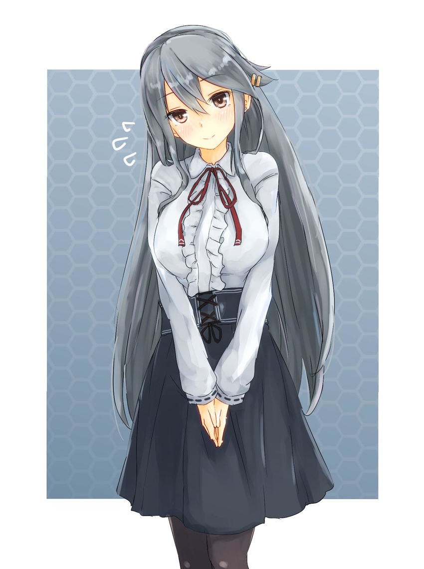alternate_costume ame-rain bangs black_hair black_skirt blouse blush breasts brown_eyes commentary_request hair_ornament hairclip hands_clasped hands_together haruna_(kantai_collection) head_tilt hex_grid highres kantai_collection long_hair long_sleeves looking_at_viewer medium_breasts meme_attire own_hands_together pantyhose skirt smile solo sweatdrop swept_bangs very_long_hair virgin_killer_outfit white_blouse