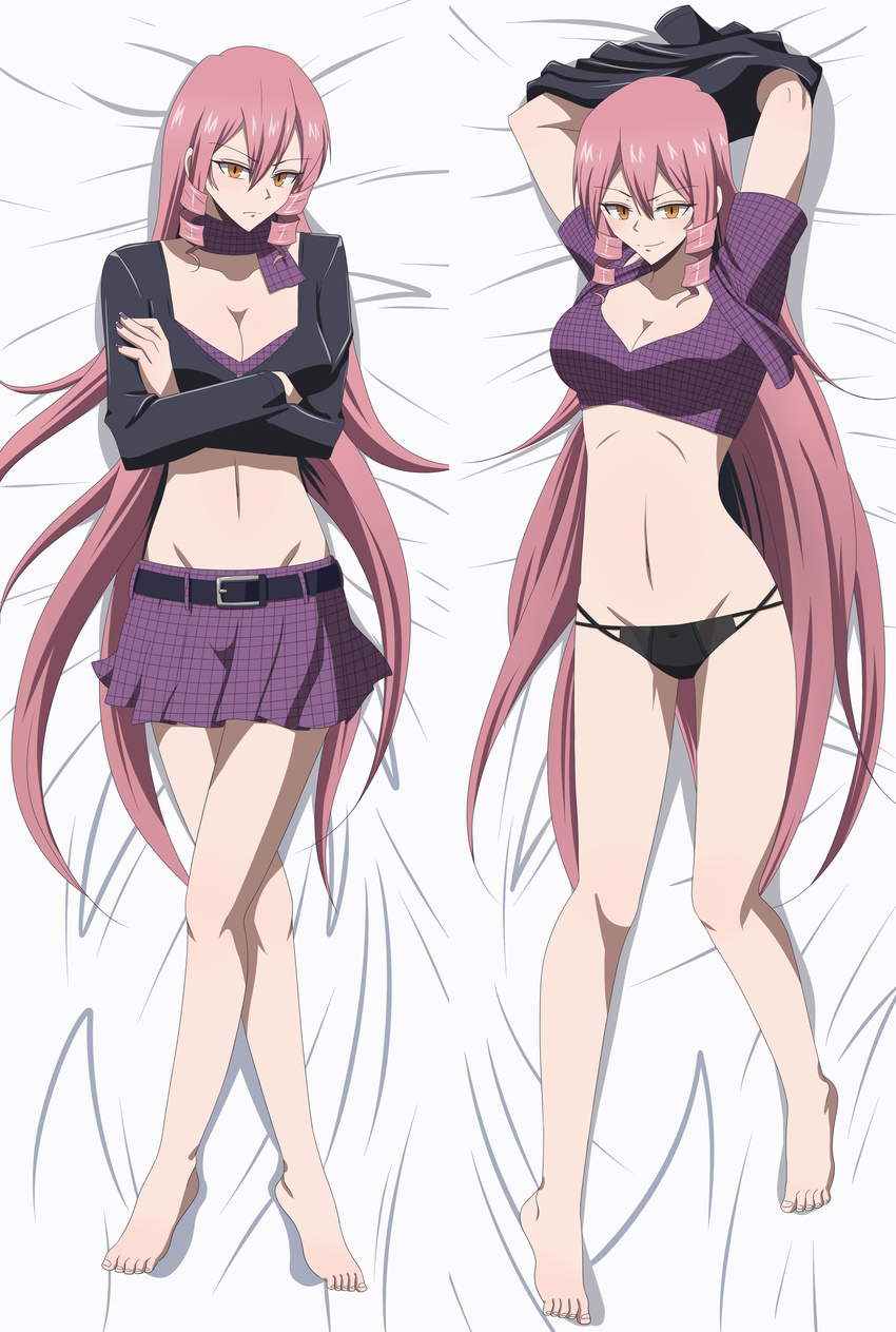 absurdres akuma_no_riddle arms_up barefoot belt black_panties breasts cleavage crossed_arms drill_hair eyebrows eyebrows_visible_through_hair fingernails from_above groin highres inukai_isuke large_breasts long_hair lying midriff navel no_pants on_back orange_eyes panties pink_hair purple_skirt silent-shanin skirt smile solo twin_drills underwear very_long_hair