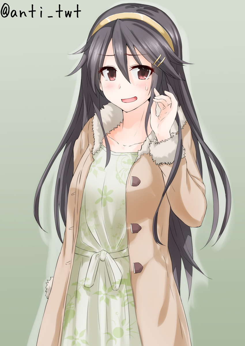 anti_(untea9) bangs black_hair brown_jacket casual collarbone commentary cowboy_shot dress floral_print green_dress hair_ornament hairband haruna_(kantai_collection) highres jacket kantai_collection long_hair long_sleeves looking_at_viewer open_mouth red_eyes simple_background solo standing sweat tied_skirt twitter_username