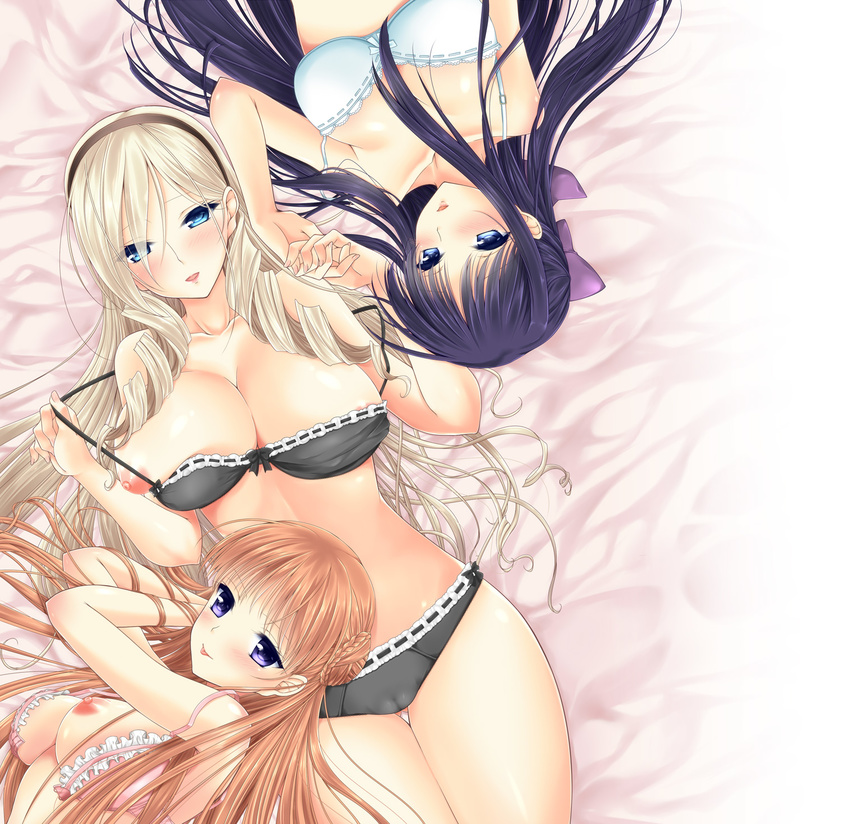 bangs bare_shoulders black_bra blonde_hair blue_eyes blue_hair blush bow bra breasts cameltoe celia_kumani_entory cleavage collarbone double_bun drill_hair fingernails frilled_bra frills hair_bow hair_over_one_eye hairband highres holding_hands huge_breasts lace lace-trimmed_bra lace-trimmed_panties large_breasts long_hair looking_at_viewer multiple_girls naughty_face navel nipples noel_maresse_ascot on_bed open_bra open_clothes open_mouth orange_hair panties parted_bangs parted_lips pink_bra puffy_nipples purple_eyes roku_(345) ryuuzouji_akane smile strap_pull strap_slip tongue tongue_out underwear underwear_only very_long_hair walkure_romanze white_bra