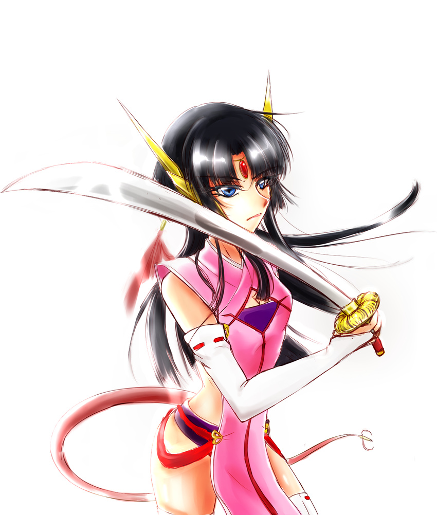 black_hair blue_eyes breasts cleavage cross_ange detached_sleeves highres holding holding_sword holding_weapon katana long_hair ringozuki salamandinay simple_background small_breasts solo sword tail weapon white_background