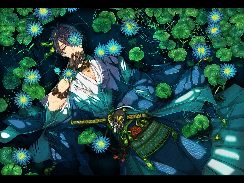 afloat black_hair flower flower_eyepatch from_above gloves japanese_clothes katana letterboxed lily_pad looking_at_viewer lotus male_focus mikazuki_munechika nokaku ripples solo sword touken_ranbu water weapon