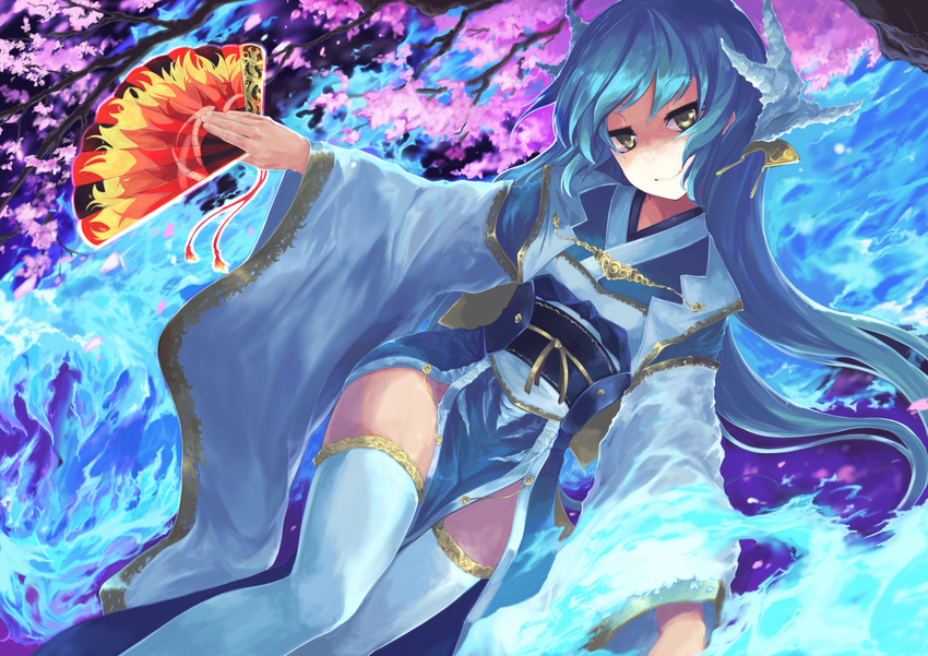 blue_hair cherry_blossoms fan fate/grand_order fate_(series) folding_fan hair_ornament highres japanese_clothes kimono kiyohime_(fate/grand_order) long_hair long_sleeves looking_at_viewer obi sash smile solo sorano_eika thighhighs thighs tree very_long_hair white_legwear wide_sleeves yellow_eyes zettai_ryouiki