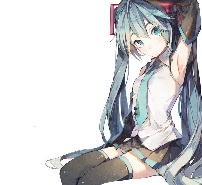 aqua_eyes aqua_hair arm_up armpits black_legwear detached_sleeves hatsune_miku long_hair looking_at_viewer necktie shirt shuzi sitting skirt solo thighhighs twintails very_long_hair vocaloid zettai_ryouiki