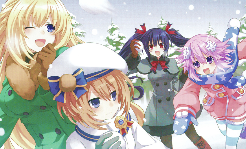 black_hair blanc blonde_hair blue_eyes blush breasts brown_hair d-pad d-pad_hair_ornament hair_ornament highres long_hair medium_breasts multiple_girls neptune_(choujigen_game_neptune) neptune_(series) noire purple_eyes purple_hair red_eyes scarf short_hair skirt snow snowball snowball_fight source_request tree tsunako twintails vert