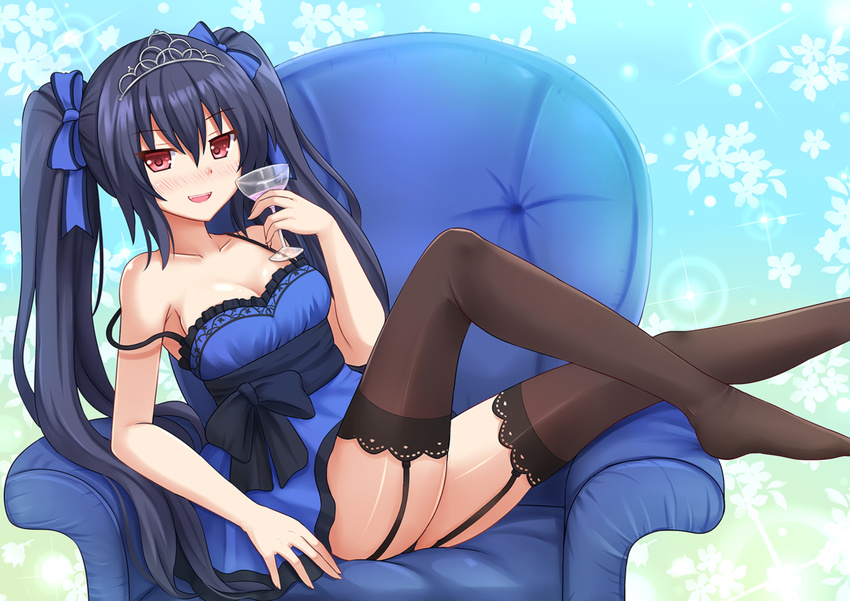 :d alcohol armchair bare_shoulders black_hair black_legwear blue_background blue_dress blue_ribbon blush breasts chair cleavage cup dress drinking_glass drunk fang floral_background garter_straps hair_between_eyes hair_ribbon kazenokaze long_hair looking_at_viewer medium_breasts neptune_(series) noire nose_blush off_shoulder open_mouth red_eyes ribbon sash shiny shiny_skin simple_background sitting sitting_sideways smile solo strap_slip thighhighs thighs tiara twintails very_long_hair wine wine_glass