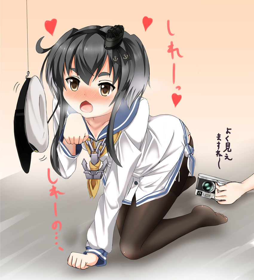 absurdres all_fours anchor aoba_(kantai_collection) black_hair blush breath brown_eyes camera chain commentary_request dress eyebrows fishing_hook fishing_line hairband headgear heart heart-shaped_pupils highres hook kantai_collection long_sleeves lowleg_pantyhose multicolored_hair multiple_girls open_mouth out_of_frame pantyhose paw_pose rivu_penguin sailor_dress school_uniform serafuku shirt short_eyebrows short_hair short_hair_with_long_locks solo_focus steam symbol-shaped_pupils tied_shirt tokitsukaze_(kantai_collection) translated white_hair