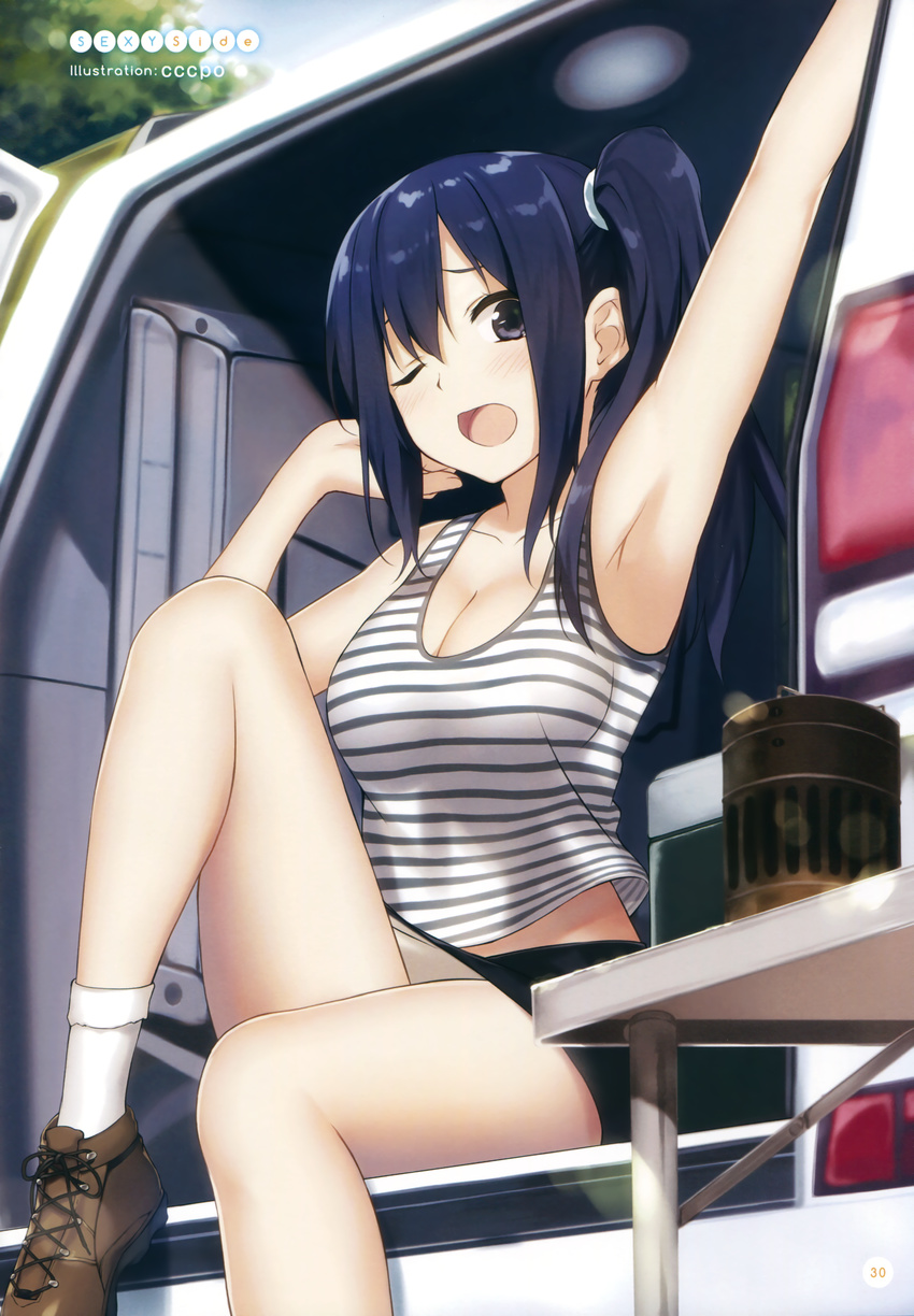 absurdres ankle_boots arm_up armpits bare_arms bare_shoulders black_skirt blue_eyes blue_hair boots breasts cccpo cleavage collarbone hair_between_eyes highres imai_midori leg_lift long_hair long_legs looking_at_viewer loose_clothes loose_shirt medium_breasts miniskirt one_eye_closed outstretched_arm ponytail shirobako shirt side_ponytail skirt sleeveless solo stretch striped tank_top watermark white_legwear wince