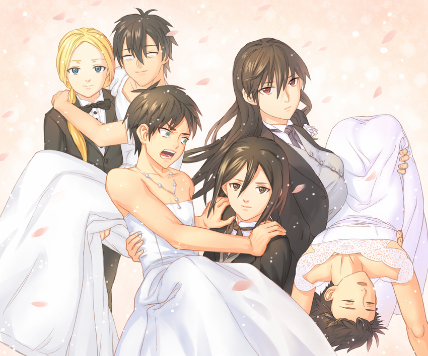 3girls arakawa_under_the_bridge black_hair blonde_hair blue_eyes bow bowtie bride brown_hair carrying crossdressing dress e_no_maigo eren_yeager green_eyes groom hetero husband_and_wife ichinomiya_kou kagari_ayaka long_hair looking_at_another looking_at_viewer mikasa_ackerman multiple_boys multiple_girls nino_(arakawa) petals princess_carry role_reversal shingeki_no_kyojin short_hair strapless strapless_dress takamiya_honoka wedding_dress wind witch_craft_works