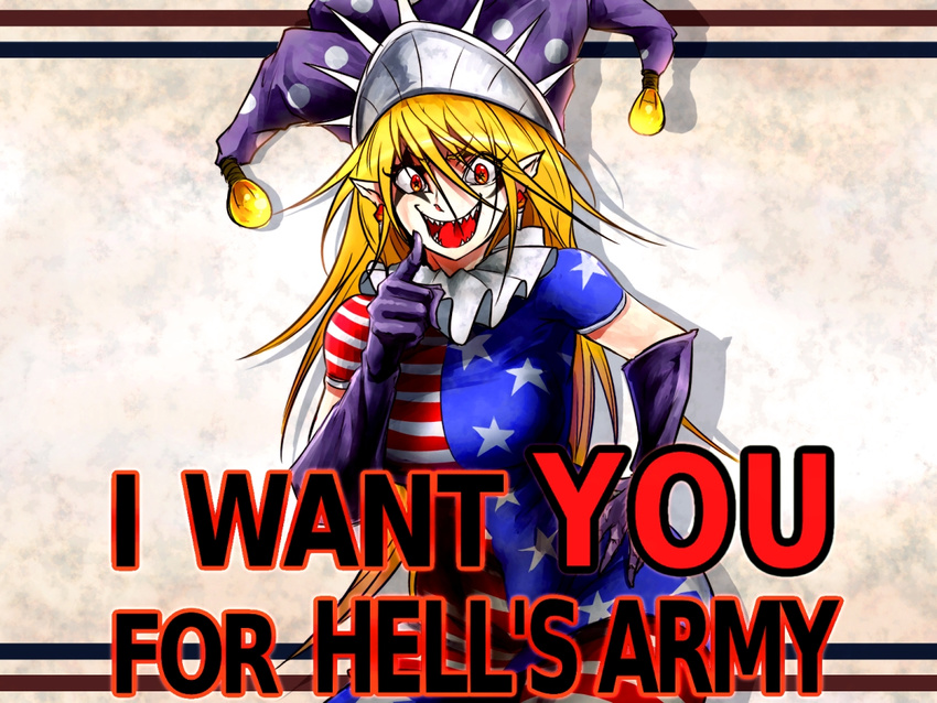 american_flag_dress blonde_hair clownpiece elbow_gloves english gloves hat i_want_you jester_cap long_hair older parody pointing pointing_at_viewer pointy_ears purple_gloves red_eyes ryuuichi_(f_dragon) solo touhou uncle_sam very_long_hair