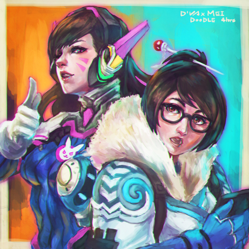 absurdres beads brown_eyes brown_hair character_name completion_time d.va_(overwatch) facial_mark fur_collar glasses gloves hair_bun hair_ornament hair_stick highres lips mei_(overwatch) monori_rogue multiple_girls nose one_eye_closed overwatch pilot_suit psychedelic purple_eyes whisker_markings white_gloves