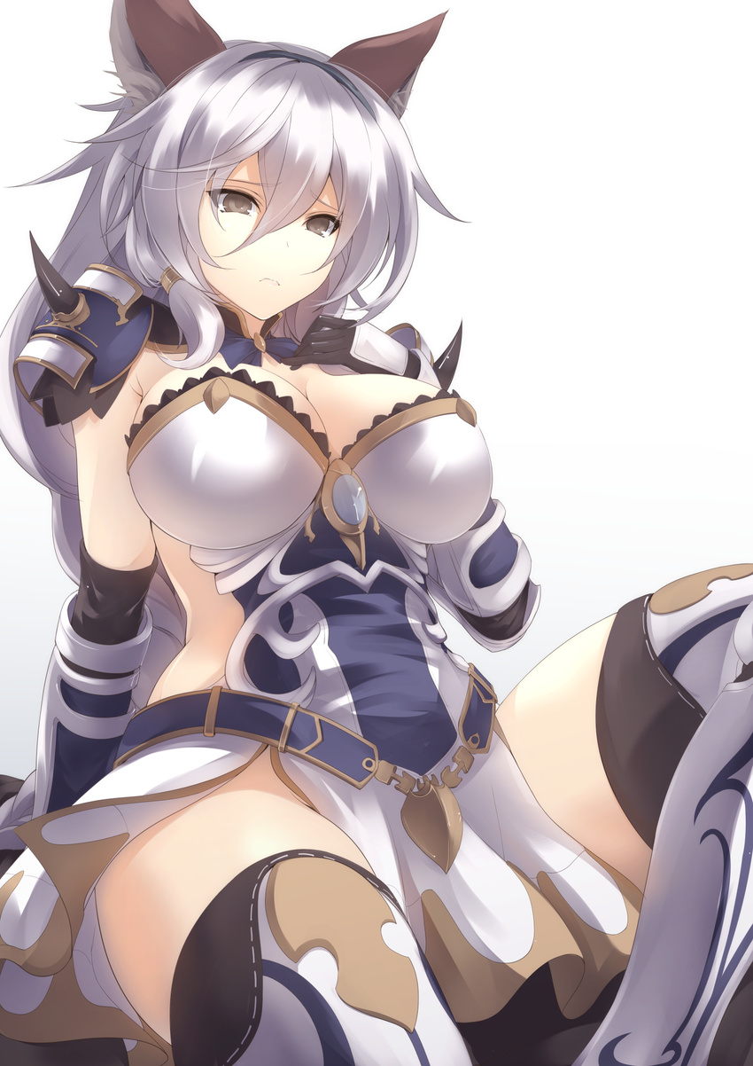 animal_ears arm_support armor blue_hair breasts brown_eyes erune frown granblue_fantasy hand_on_own_chest heles highres jijii48 large_breasts leaning_back long_hair sitting solo thighhighs