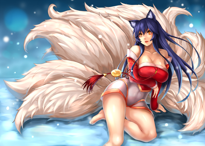 absurdres ahri animal_ears arm_support bare_shoulders blue_hair breast_hold breasts collarbone facial_mark fox_ears fox_tail highres korean_clothes large_breasts league_of_legends long_hair looking_up multiple_tails off_shoulder open_mouth sitting slit_pupils snow solo tail whisker_markings yashichii yellow_eyes yokozuwari