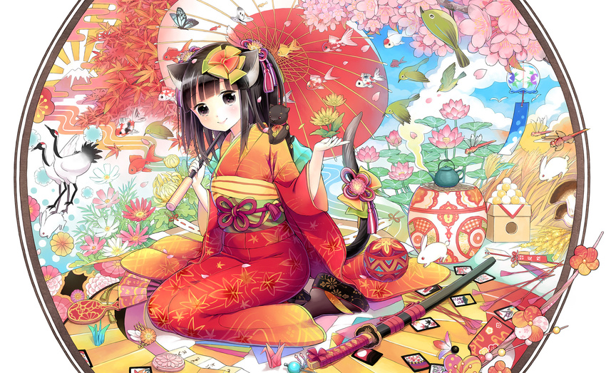 animal_ears arrow ball bangs bird black_eyes black_hair black_legwear blunt_bangs blush bow bug bunny butterfly cat_ears cat_tail cherry_blossoms chrysanthemum clog_sandals cloud cosmos_(flower) crane_(animal) dango dragonfly egasumi fan fish floral_print flower folding_fan food goldfish hagoita hair_bow hair_ornament hamaya hanafuda hanetsuki highres holding holding_flower insect japanese_clothes japanese_white-eye katana kimono koi kuroinu leaf leaf_print looking_at_viewer lotus maple_leaf mirror mochi mount_fuji mushroom obi oriental_umbrella origami original paddle paper_crane petals red-crowned_crane sash seasons sheath sheathed sitting sky smile solo stuffed_animal stuffed_cat stuffed_toy sword tail tail_bow tassel teapot temari_ball tsukimi_dango umbrella wagashi weapon wind_chime