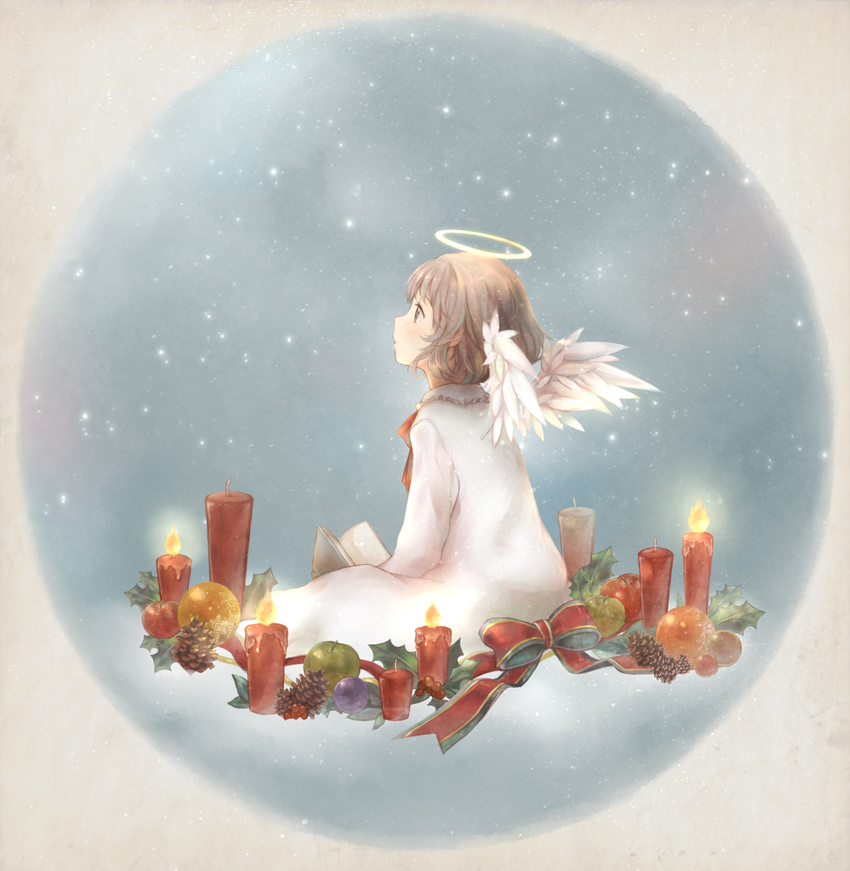 angel angel_wings apple blue_eyes book brown_hair candle christmas_wreath dress food fruit halo highres mirto original pinecone ribbon short_hair sitting snowing solo wings