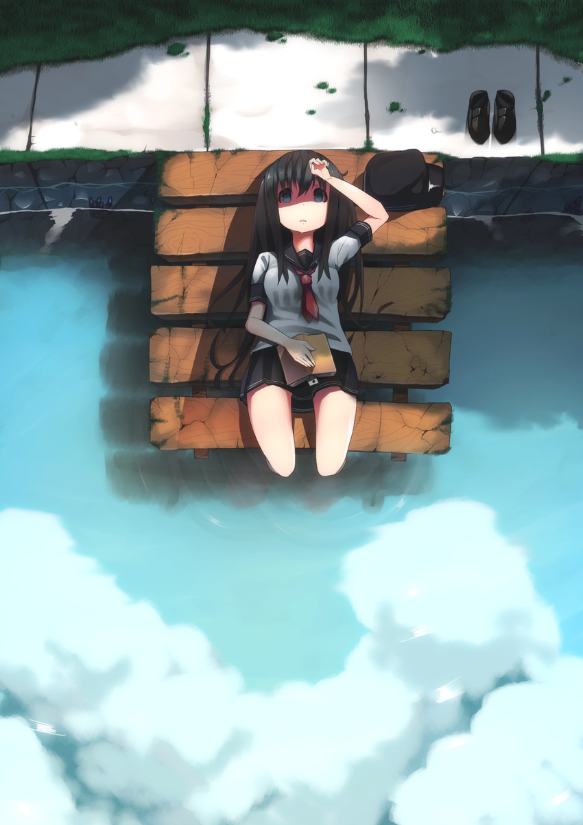 akatsuki_(kantai_collection) anchor_symbol bad_id bad_pixiv_id badge bangs black_footwear black_hair black_skirt blouse blue_eyes book book_on_lap breasts cloud expressionless flat_cap from_above grass hand_on_forehead hat hat_removed headwear_removed highres kantai_collection loafers long_hair looking_at_viewer lying medium_breasts miniskirt nabeo neckerchief no_legwear on_back open_book open_mouth outdoors pier reflection ripples school_uniform serafuku shadow shoes shoes_removed short_sleeves sitting skirt soaking_feet solo sunlight water white_blouse