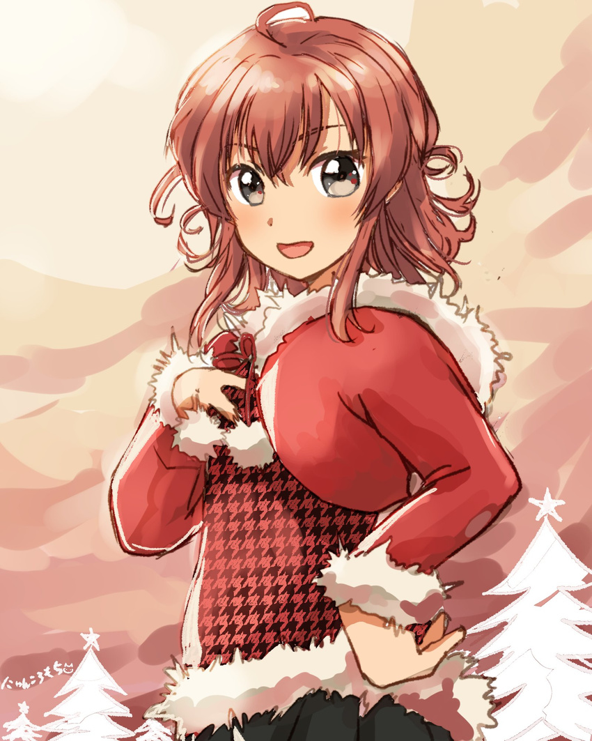 ahoge alternate_costume arashi_(kantai_collection) black_skirt from_side fur grey_eyes hand_on_own_chest highres kantai_collection long_hair long_sleeves looking_at_viewer messy_hair misacho_(misa1001) open_mouth pine_tree pleated_skirt red_hair skirt smile solo star sweater tree