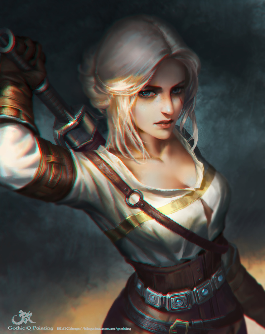 belt chromatic_aberration ciri green_eyes half_updo highres lips long_hair looking_at_viewer qichao_wang scar silver_hair solo sword the_witcher the_witcher_3 weapon