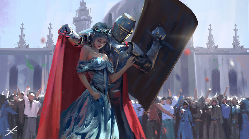 1girl armor bare_shoulders blue_dress blue_sky breasts cape closed_eyes commentary crowd crown day dress faux_traditional_media full_armor gauntlets ghostblade head_down highres jewelry knight lips medium_breasts mole mole_under_eye necklace pendant people plate_armor princess protecting red_cape sad sapphire_(stone) shield short_hair silver_hair sky strapless strapless_dress sunlight temple thrown_food tiara wlop
