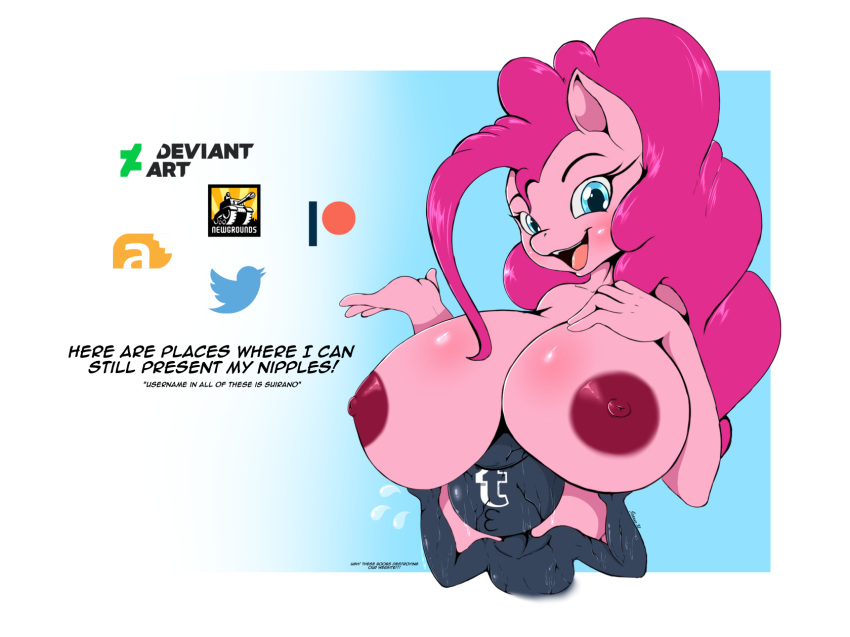 2018 areola big_breasts blush breasts digital_media_(artwork) english_text equine female friendship_is_magic hi_res huge_breasts mammal my_little_pony nipples open_mouth pinkie_pie_(mlp) suirano text