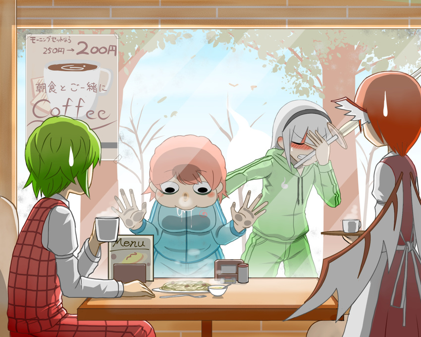 against_glass alternate_costume bad_id bad_pixiv_id banned_artist blush bob_cut commentary cup deformed dress drooling embarrassed facepalm feathered_wings food green_hair hood hoodie kazami_yuuka konpaku_youmu konpaku_youmu_(ghost) long_sleeves looking_at_another looking_down multiple_girls mystia_lorelei no_hat no_headwear noodles okahi pink_dress pink_hair plaid plaid_shirt plaid_skirt puffy_long_sleeves puffy_sleeves red_hair saigyouji_yuyuko shinai shirt short_hair silver_hair sitting skirt sportswear sweatdrop sword touhou track_suit tray tree weapon window wings