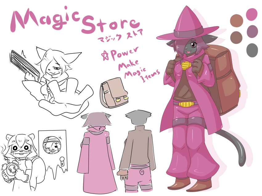anthro breasts cat clothed clothing dlrowdog feline female fur grey_fur hair hat japanese_text looking_at_viewer magic_user mammal purple_hair simple_background smile solo standing text white_background witch witch_hat
