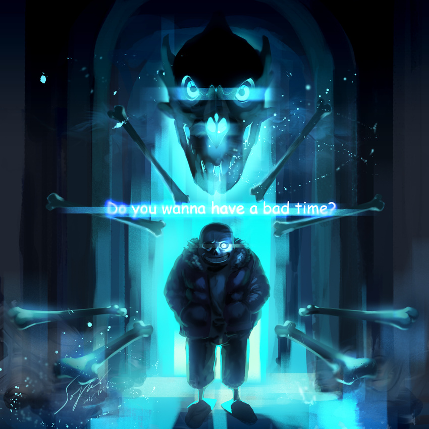 blue bone coat comic_sans english full_body fur_trim gasterblaster gate glowing glowing_eye hands_in_pockets highres hollow_eyes hood hoodie legeh male_focus sans shorts signature skeleton skull slippers solo spoilers standing undertale