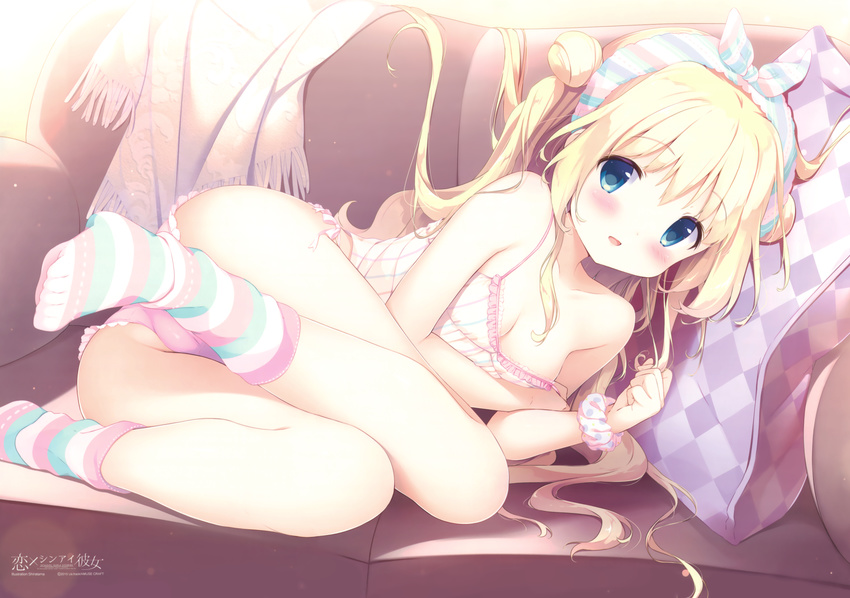 :d absurdres ass blonde_hair blue_eyes blush breasts cleavage copyright_name couch double_bun feet hair_twirling hairband highres koi_kakeru_shin-ai_kanojo komari_yui long_hair lying no_pants no_shoes on_side open_mouth panties pillow polka_dot polka_dot_scrunchie purple_panties scrunchie shiratama_(shiratamaco) side-tie_panties small_breasts smile socks solo strap_slip striped striped_legwear tank_top underwear wrist_scrunchie