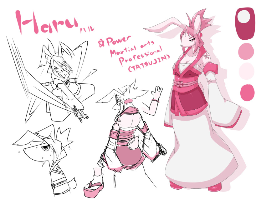 anthro breasts clothed clothing dlrowdog dress female fur hair holding_object holding_weapon japanese_text lagomorph looking_at_viewer mammal melee_weapon pink_fur pink_hair rabbit simple_background solo standing sword text weapon white_background