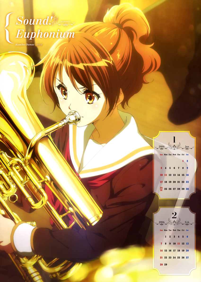 2016 absurdres artist_request brown_eyes brown_hair calendar_(medium) character_name copyright_name euphonium february hibike!_euphonium highres instrument january neckerchief official_art oumae_kumiko ponytail red_neckwear school_uniform serafuku solo