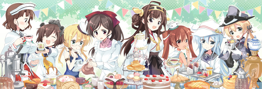 absurdres blonde_hair blue_eyes brown_eyes brown_hair cake cup food glasses hairband hat headgear hibiki_(kantai_collection) highres hizuki_yayoi i-8_(kantai_collection) jam japanese_clothes kantai_collection kongou_(kantai_collection) libeccio_(kantai_collection) long_hair mamiya_(kantai_collection) multiple_girls nontraditional_miko notepad open_mouth peaked_cap pen pie pouring prinz_eugen_(kantai_collection) roma_(kantai_collection) samovar short_hair silver_hair smile swimsuit tea teacup teapot tiered_tray twintails uniform verniy_(kantai_collection) yukikaze_(kantai_collection) yunomi