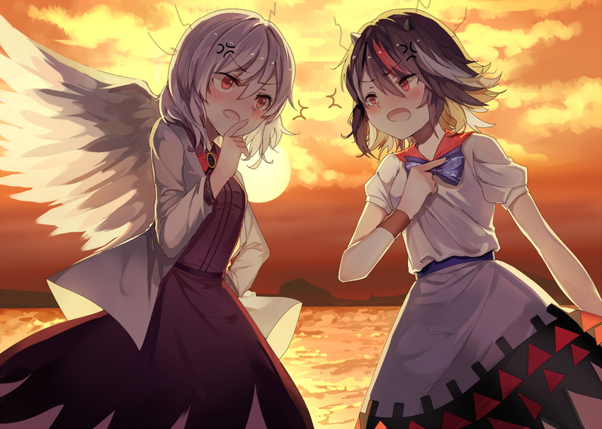 anger_vein angry black_hair bracelet dress horns jacket jewelry kijin_seija kishin_sagume multicolored_hair multiple_girls pointing pointing_at_self puffy_short_sleeves puffy_sleeves red_eyes red_hair short_hair short_sleeves single_wing streaked_hair touhou trait_connection white_hair wings you_hashira