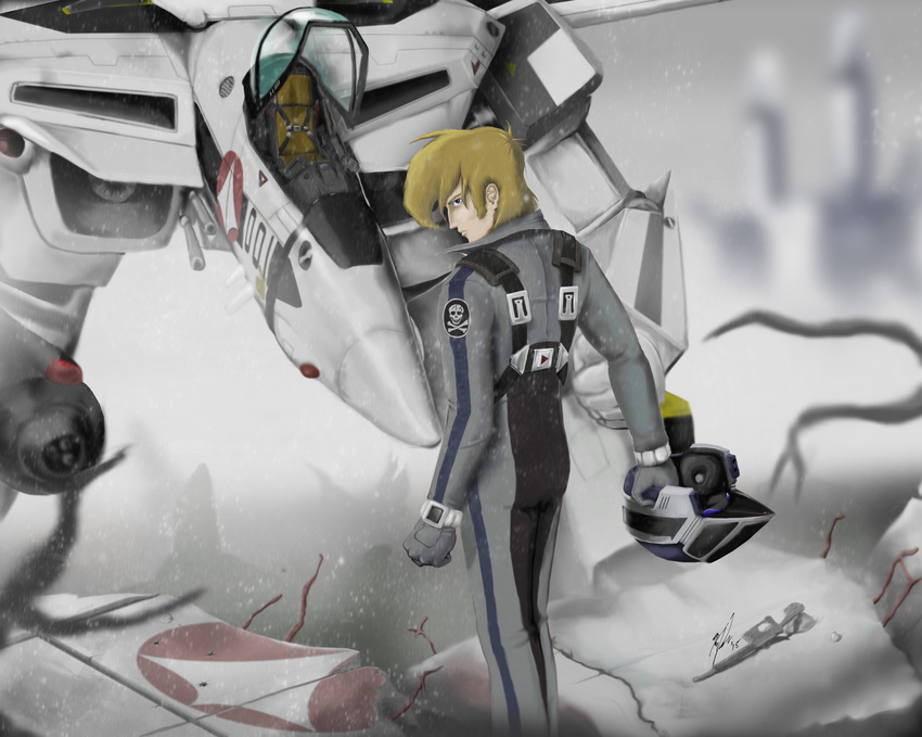 blonde_hair canopy choujikuu_yousai_macross clenched_hand cockpit damaged emblem energy_cannon falconkpd gerwalk gloves gunpod helmet highres jolly_roger looking_at_viewer looking_back macross mecha mullet pilot pilot_suit realistic roy_focker ruins science_fiction sdf-1 sideburns space_craft u.n._spacy variable_fighter vf-1 vf-1s