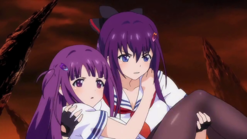 black_hair breasts carrying couple hair_ornament hairclip incest kagurazaka_ranka kagurazaka_rinka large_breasts long_hair looking_at_another multiple_girls official_art princess_carry purple_eyes purple_hair screencap siblings sisters valkyrie_drive valkyrie_drive_-bhikkhuni- yuri