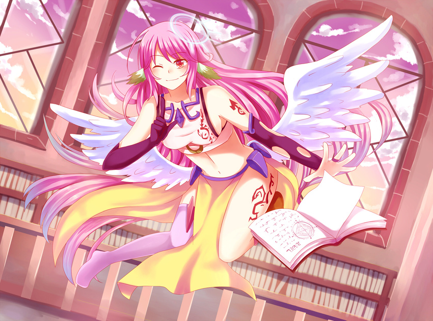 angel_wings blush book breasts bridal_gauntlets crop_top cross feathered_wings fuchsia91 gloves gradient_eyes gradient_hair halo jibril_(no_game_no_life) long_hair low_wings magic_circle medium_breasts midriff mismatched_legwear multicolored multicolored_eyes multicolored_hair navel no_game_no_life one_eye_closed orange_eyes pink_hair red_eyes shoes sideboob single_shoe smile solo striped striped_legwear symbol-shaped_pupils tattoo thighhighs very_long_hair white_wings wing_ears wings yellow_eyes