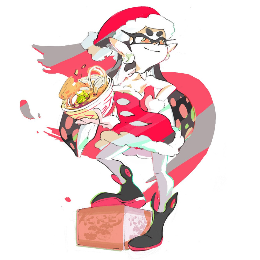 1girl aburaage aori_(splatoon) armpits bare_shoulders black_footwear black_hair boots bowl box christmas collarbone commentary_request detached_collar domino_mask dress earrings food full_body gloves hand_on_hip hat highres hiragana holding holding_bowl inoue_seita jewelry kamaboko kitsune_udon leg_up long_hair looking_away mask mole mole_under_eye official_art orange_eyes pantyhose pointy_ears red_dress red_hat santa_costume santa_gloves santa_hat simple_background smile solo splatoon_(series) splatoon_1 spring_onion standing strapless strapless_dress tentacle_hair tsurime udon white_background white_gloves white_legwear