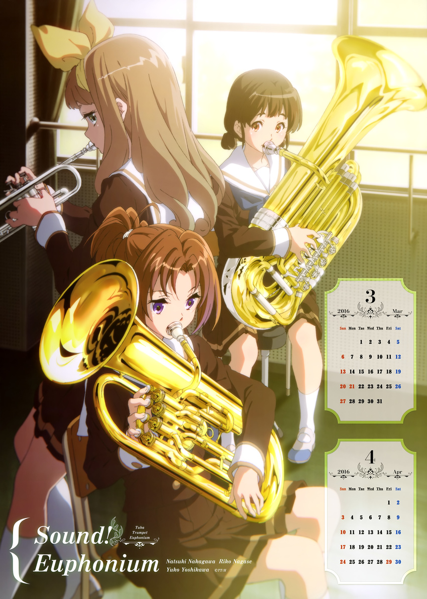 3girls absurdres april artist_request calendar_(medium) chair character_name copyright_name euphonium from_side hibike!_euphonium highres instrument march multiple_girls nagase_riko nakagawa_natsuki official_art profile school_uniform serafuku shoes sitting socks trumpet tuba uwabaki white_legwear window yoshikawa_yuuko