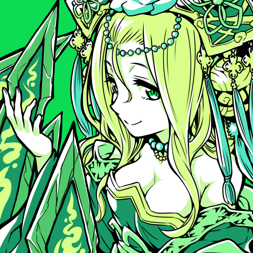 bare_shoulders blonde_hair breasts chinese_clothes circlet cleavage dress green green_background green_eyes hair_between_eyes headdress highres ishiyumi long_hair looking_at_viewer medium_breasts meimei_(p&amp;d) off_shoulder puzzle_&amp;_dragons simple_background smile solo tassel