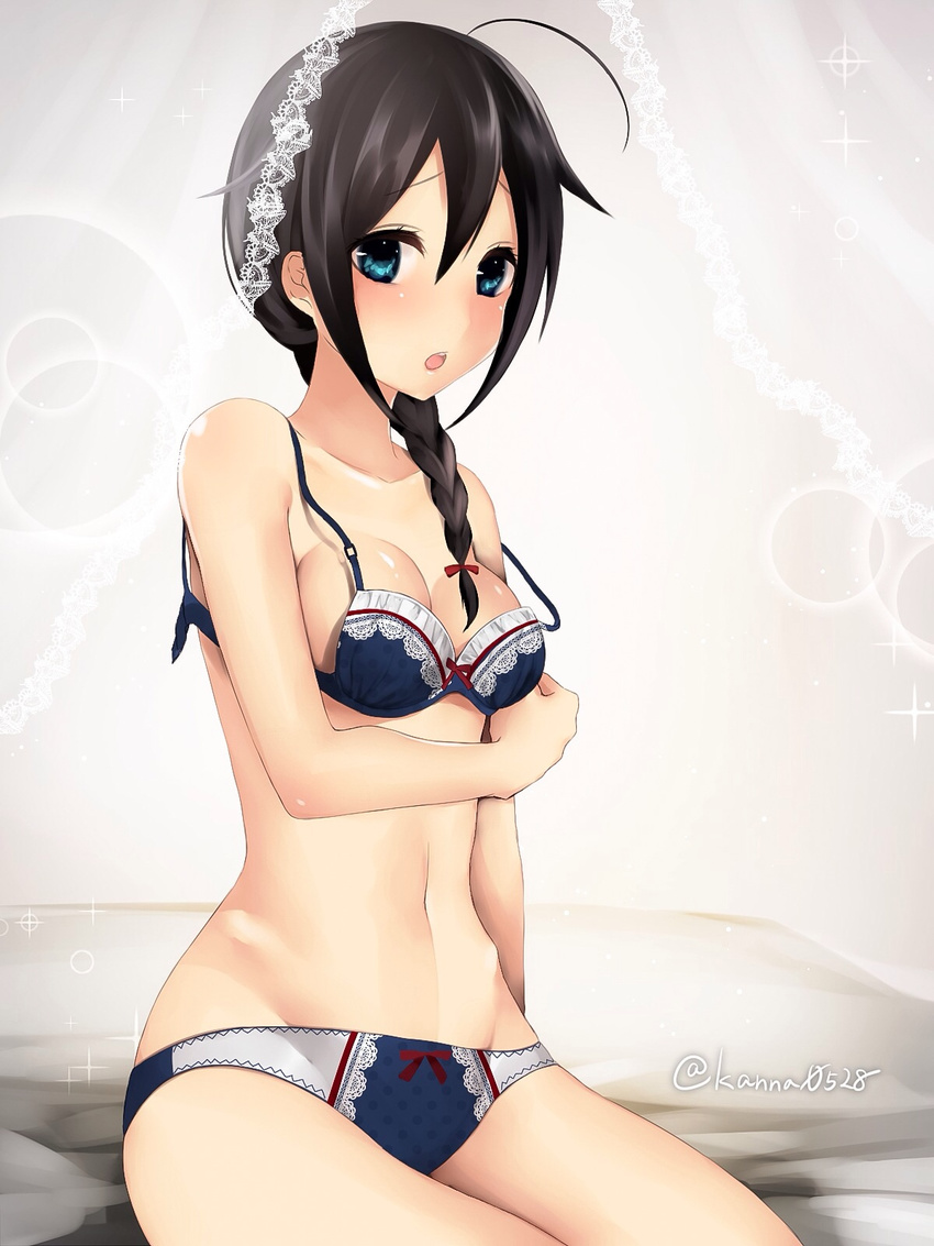 adapted_costume ahoge black_bra black_hair black_panties blue_eyes blush bow bow_bra bow_panties bra braid breast_hold breasts cleavage hair_flaps hair_ornament hair_over_shoulder hair_ribbon highres hip_bones kantai_collection long_hair medium_breasts multicolored multicolored_bra multicolored_clothes multicolored_panties navel open_bra panties remodel_(kantai_collection) revision ribbon sakiryo_kanna shigure_(kantai_collection) single_braid sitting solo strap_slip twitter_username underwear underwear_only veil