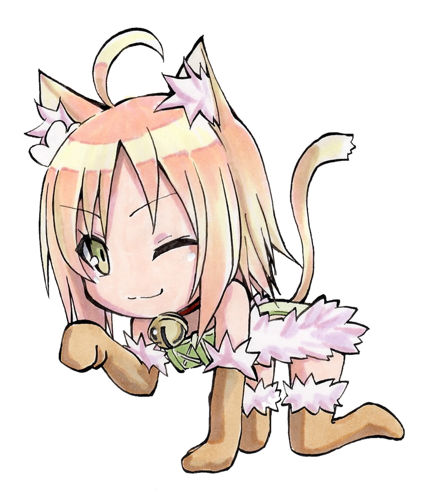 ;3 absurdres ahoge all_fours animal_ears bandeau bell bell_collar blonde_hair brown_gloves brown_legwear cat_ears cat_tail chibi collar cototiworld elbow_gloves fur-trimmed_gloves fur-trimmed_legwear fur_trim gloves green_eyes highres looking_at_viewer marker_(medium) paw_pose short_hair simple_background solo spica_(yumekui_merry) tail thighhighs traditional_media v-shaped_eyebrows white_background yumekui_merry