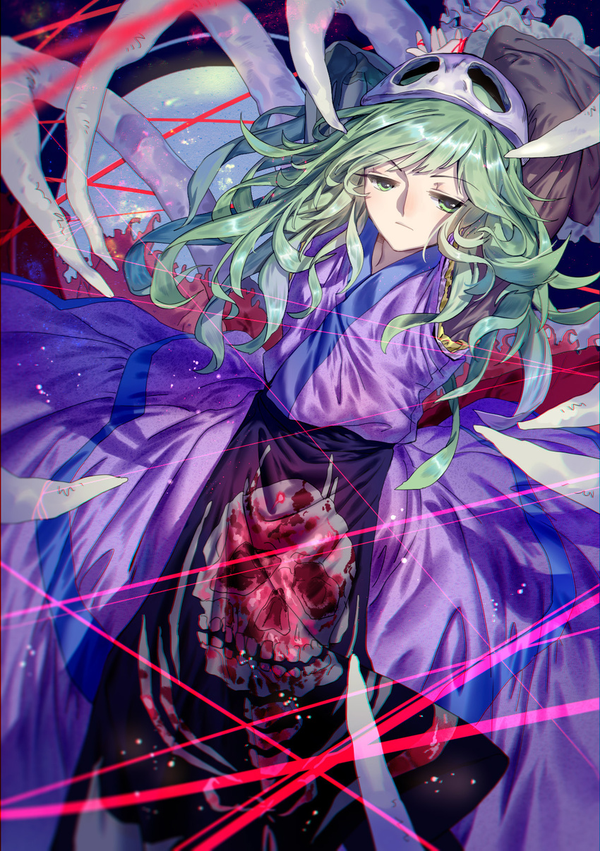 alternate_hairstyle androgynous blood blood_splatter bone detached_sleeves ex-sese green_eyes green_hair hair_ornament highres japanese_clothes kitsugai_sese len'en long_hair skull_hair_ornament solo wei_li