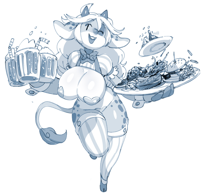 anthro beverage big_breasts bovine bow_tie breasts burger cattle cleavage clothed clothing cup female food horn huge_breasts mammal noill one_eye_closed open_mouth pasties platter skimpy solo waiter