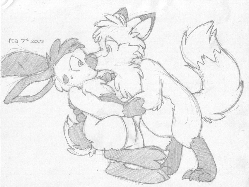 &lt;3 2008 absurd_res arm_grab canine cute_fangs dialogue duo embrace eye_contact fox greyscale hi_res kissing leaning leaning_back leaning_forward male male/male mammal mizzyam monochrome nude open_mouth pencil_(artwork) semi-anthro side_view spotted_bunny standing surprise_kiss traditional_media_(artwork)