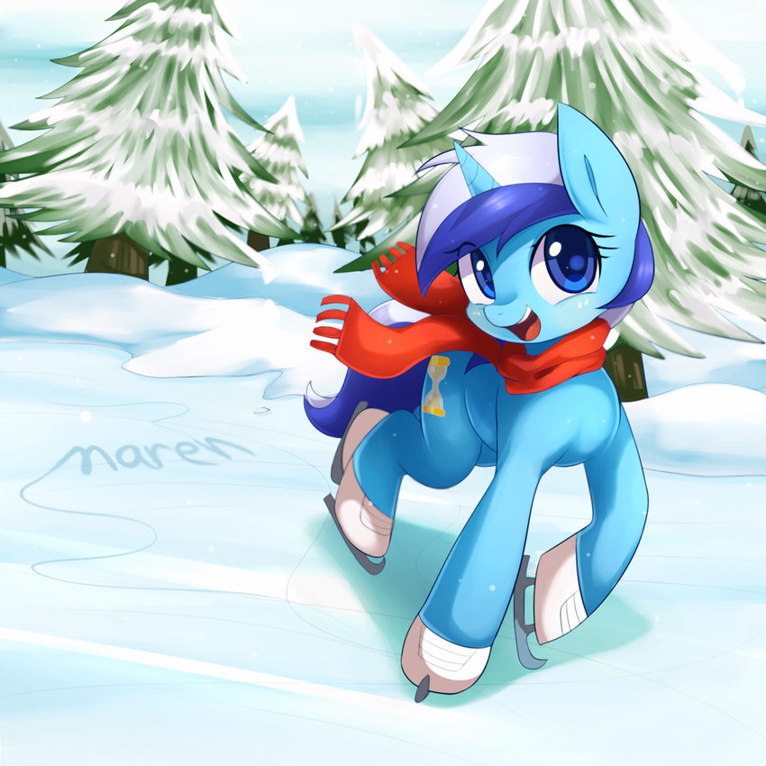 2015 blue_eyes cutie_mark equine female feral friendship_is_magic hair hi_res horn ice_skating looking_at_viewer mammal marenlicious minuette_(mlp) multicolored_hair my_little_pony open_mouth outside scarf skating smile snow solo tree two_tone_hair unicorn winter