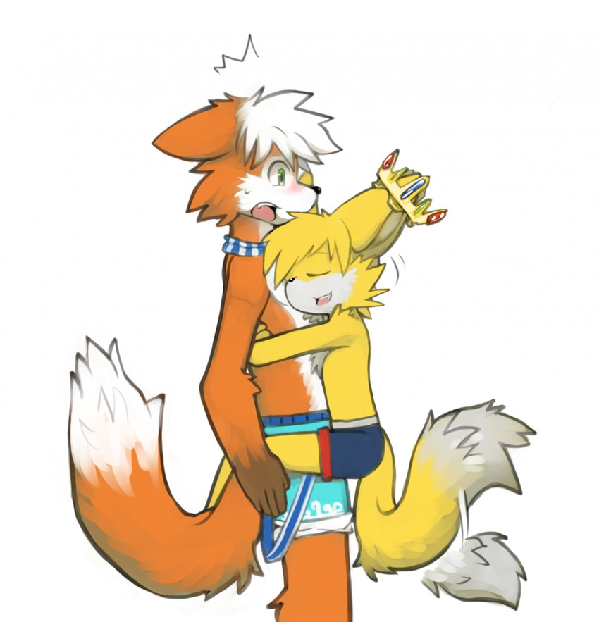 age_difference anthro canine clothed clothing crown cub duo eyes_closed fox half-dressed hi_res male male/male mammal open_mouth rigel_(lil-maj) shorts surprise tailwag topless whiteleo young