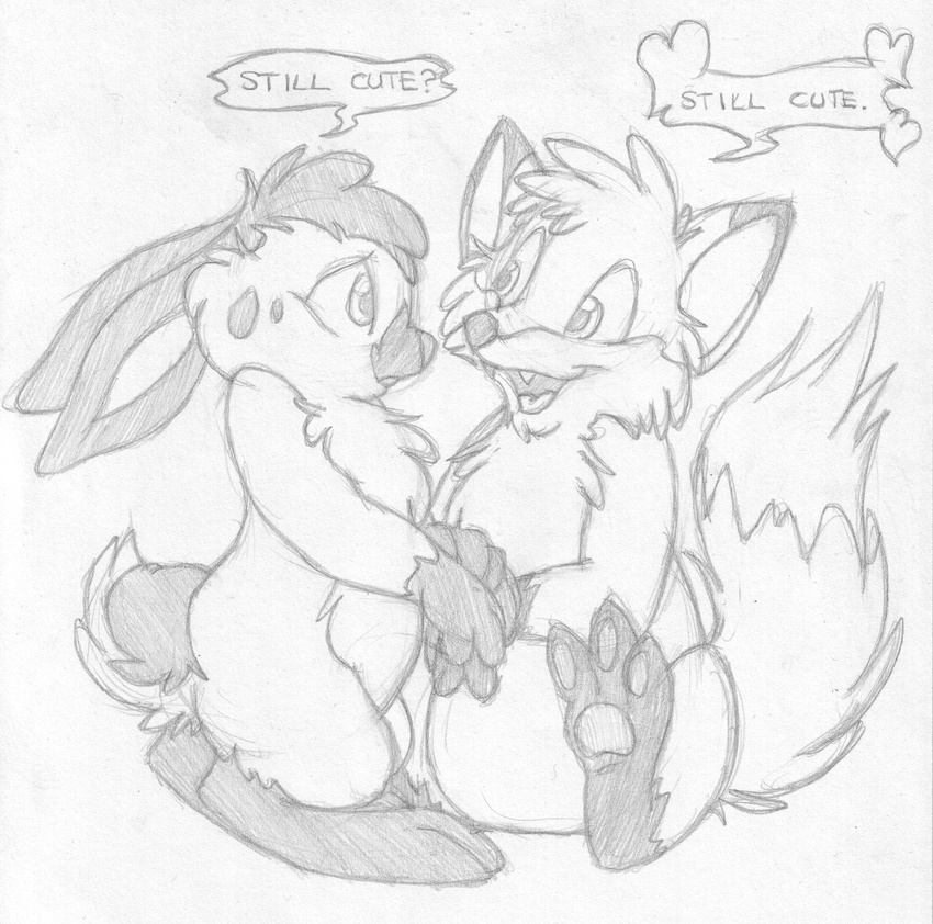 &lt;3 absurd_res canine cute_fangs dialogue duo english_text eye_contact fox greyscale hi_res male male/male mammal mizzyam monochrome nude open_mouth pencil_(artwork) sad semi-anthro side_view sitting speech_bubble spotted_bunny standing text traditional_media_(artwork)