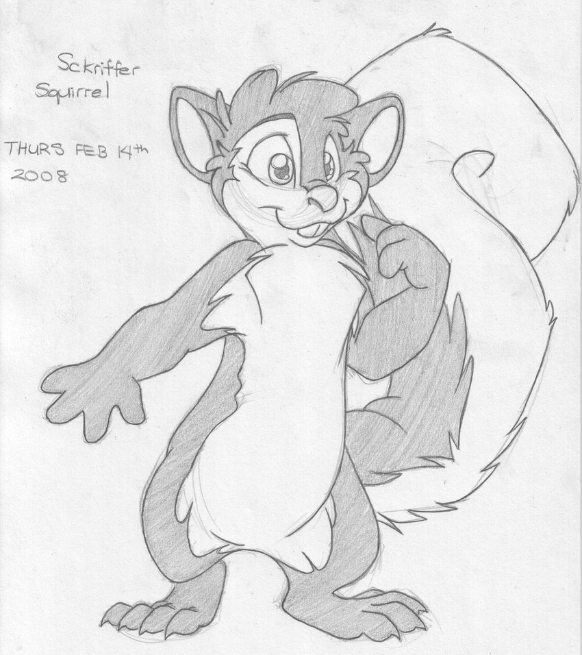 2008 absurd_res buckteeth english_text featureless_crotch fluffy_tail front_view greyscale hi_res male mammal mizzyam monochrome nude pencil_(artwork) pointing pointing_at_self rodent sckriffer_squirrel semi-anthro solo squirrel standing teeth text traditional_media_(artwork)