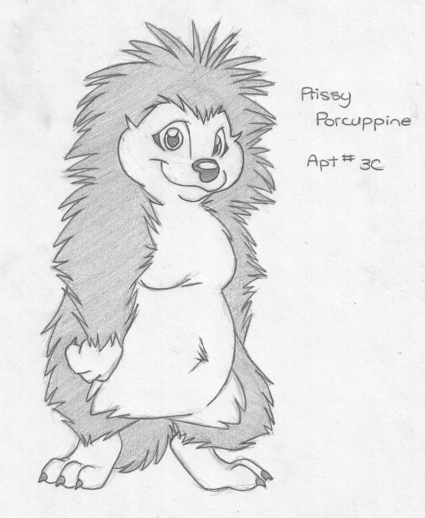 absurd_res ambiguous_gender digitigrade english_text featureless_crotch front_view greyscale hi_res looking_at_viewer mammal mizzyam monochrome navel nude pencil_(artwork) porcupine prissy_porcupine rodent slightly_chubby solo standing text traditional_media_(artwork)