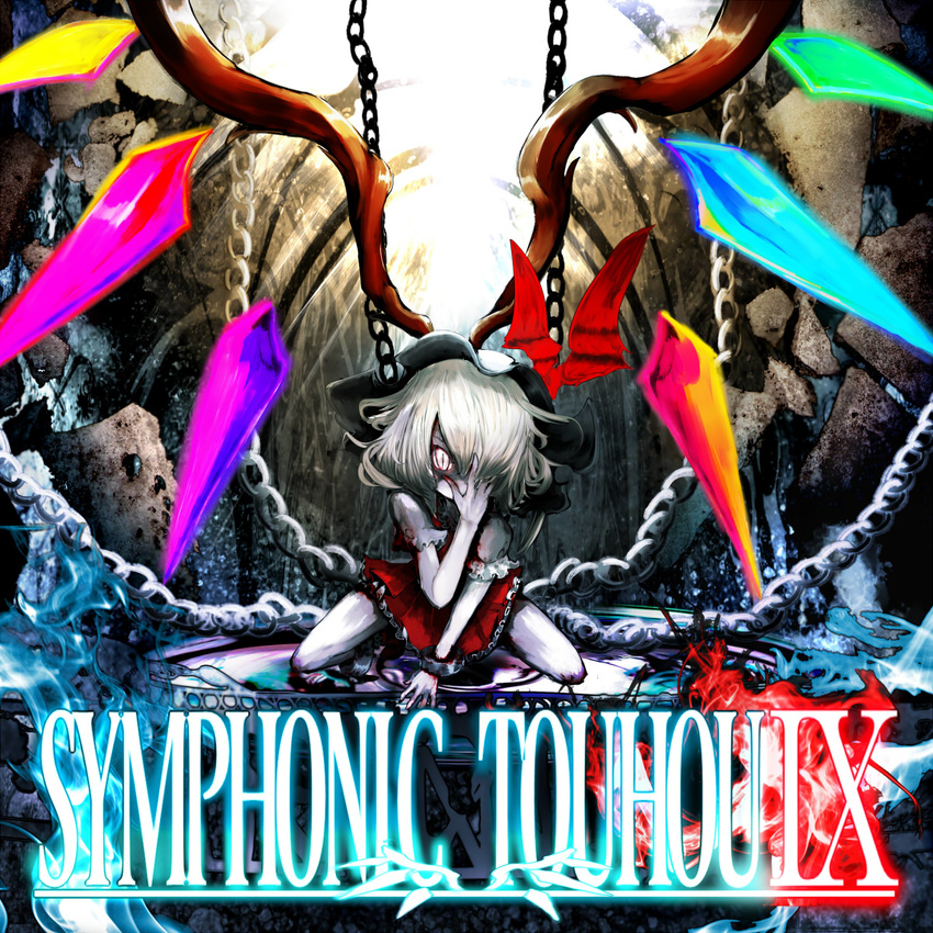 album_cover blonde_hair blood bloody_hands chain commentary_request cover cuffs dress flandre_scarlet hair_over_one_eye hand_over_eye hat highres kneeling mob_cap one_eye_covered pleated_dress puffy_short_sleeves puffy_sleeves red_dress red_eyes ribbon rock shackles shirt short_hair short_sleeves slit_pupils solo text_focus touhou white_eyes white_shirt wings yoshioka_yoshiko